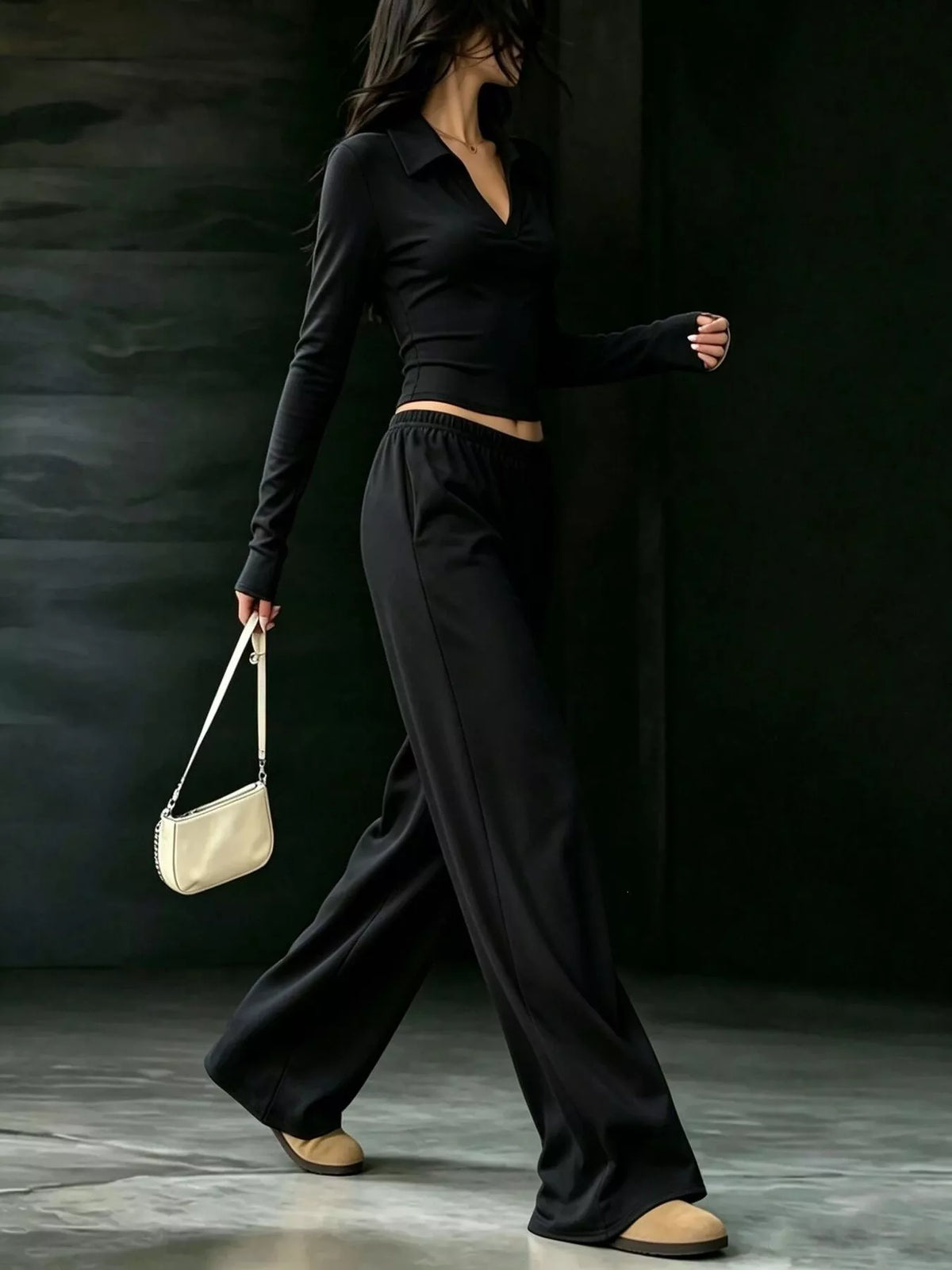 Solid Color Long Sleeve Polo Collar Top Wide Leg Pants Set (9)