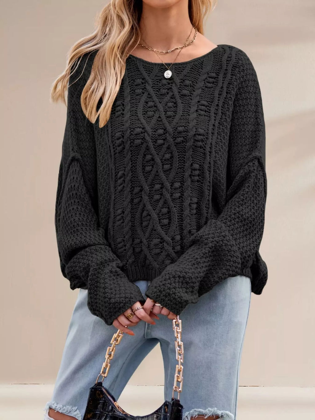 Cable Knit Dropped Shoulder Sweater (5)