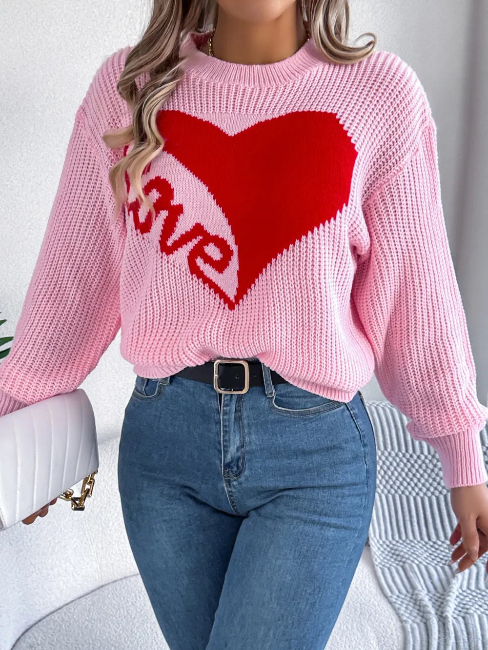 Love Heart Round Neck Dropped Shoulder Sweater (5)