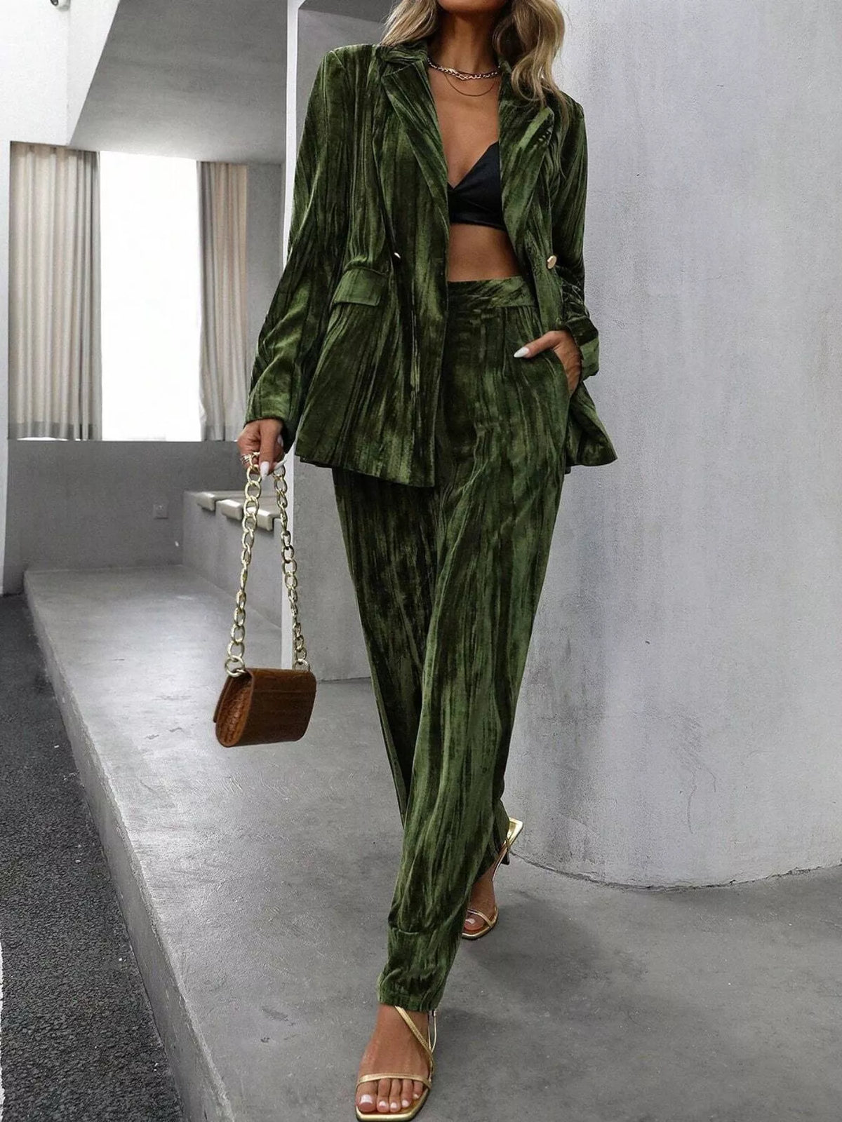 Lapel Collar Long Sleeve Blazer Pants Set (2)