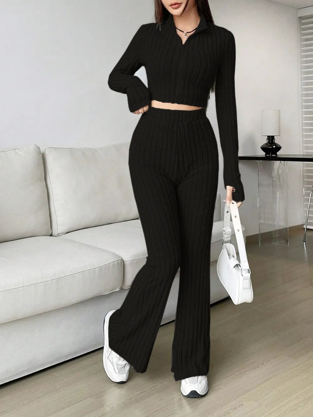 Zip Up Long Sleeve Top Pants Set (15)