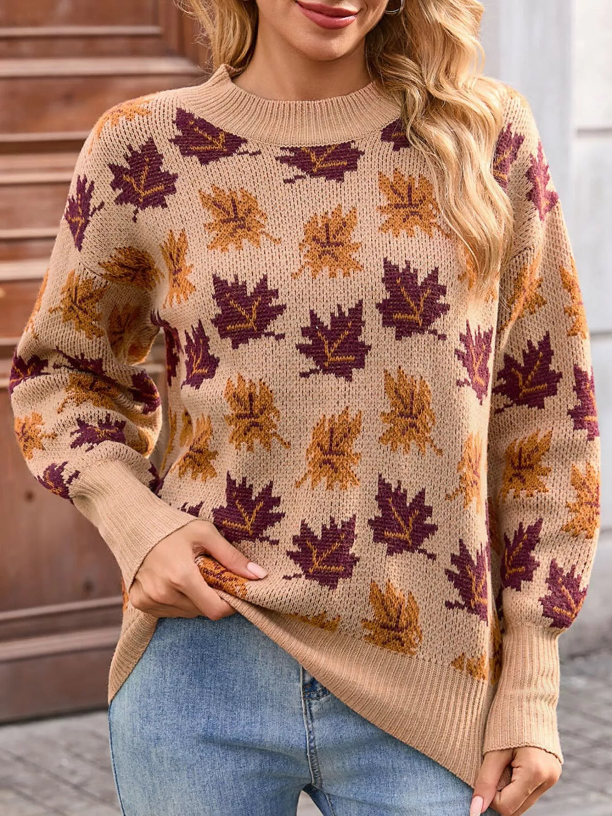 Autumn Leaf Pattern Mock Neck Sweater (5)