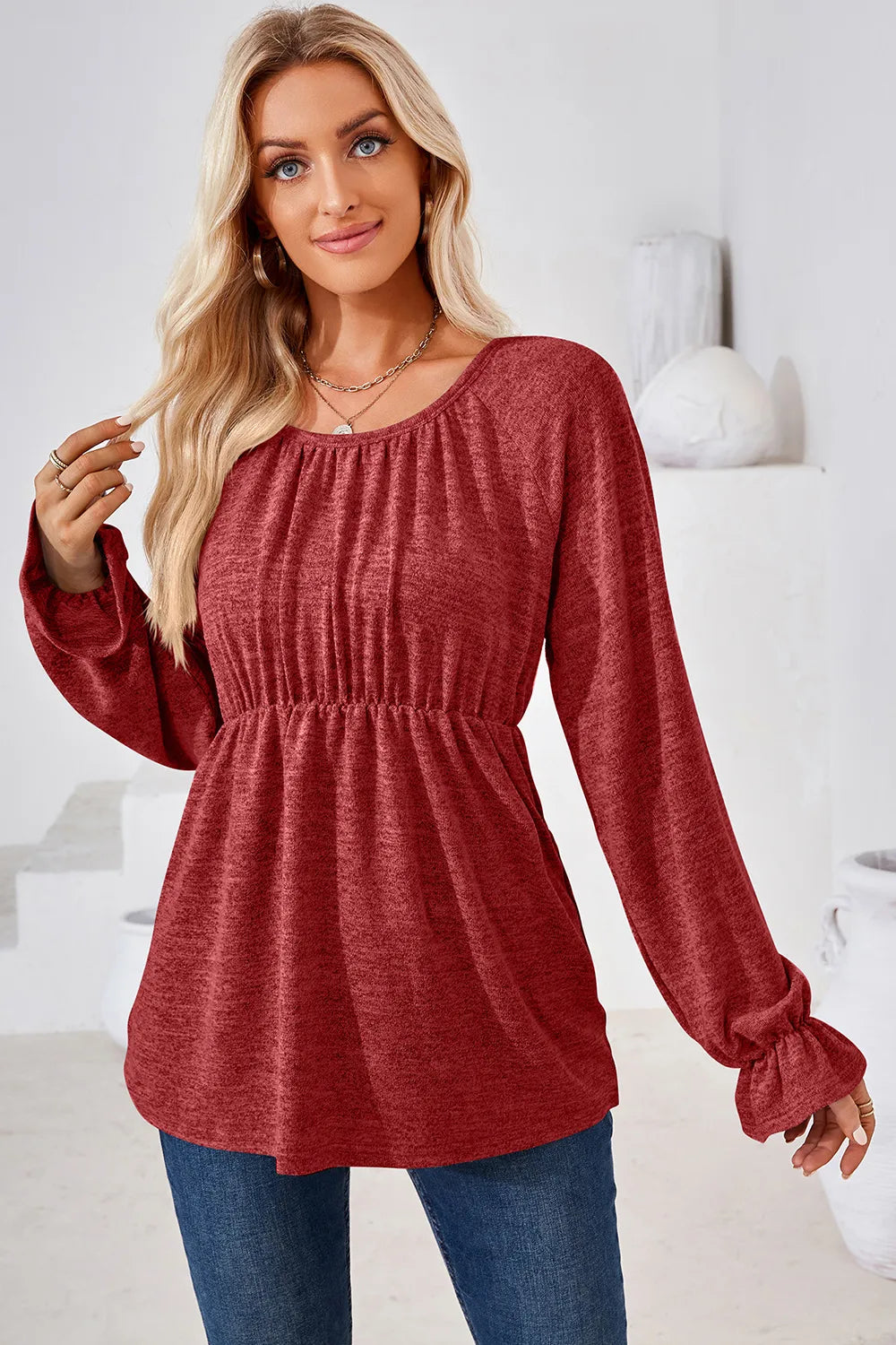 Ruched Round Neck Flounce Sleeve Blouse (6)