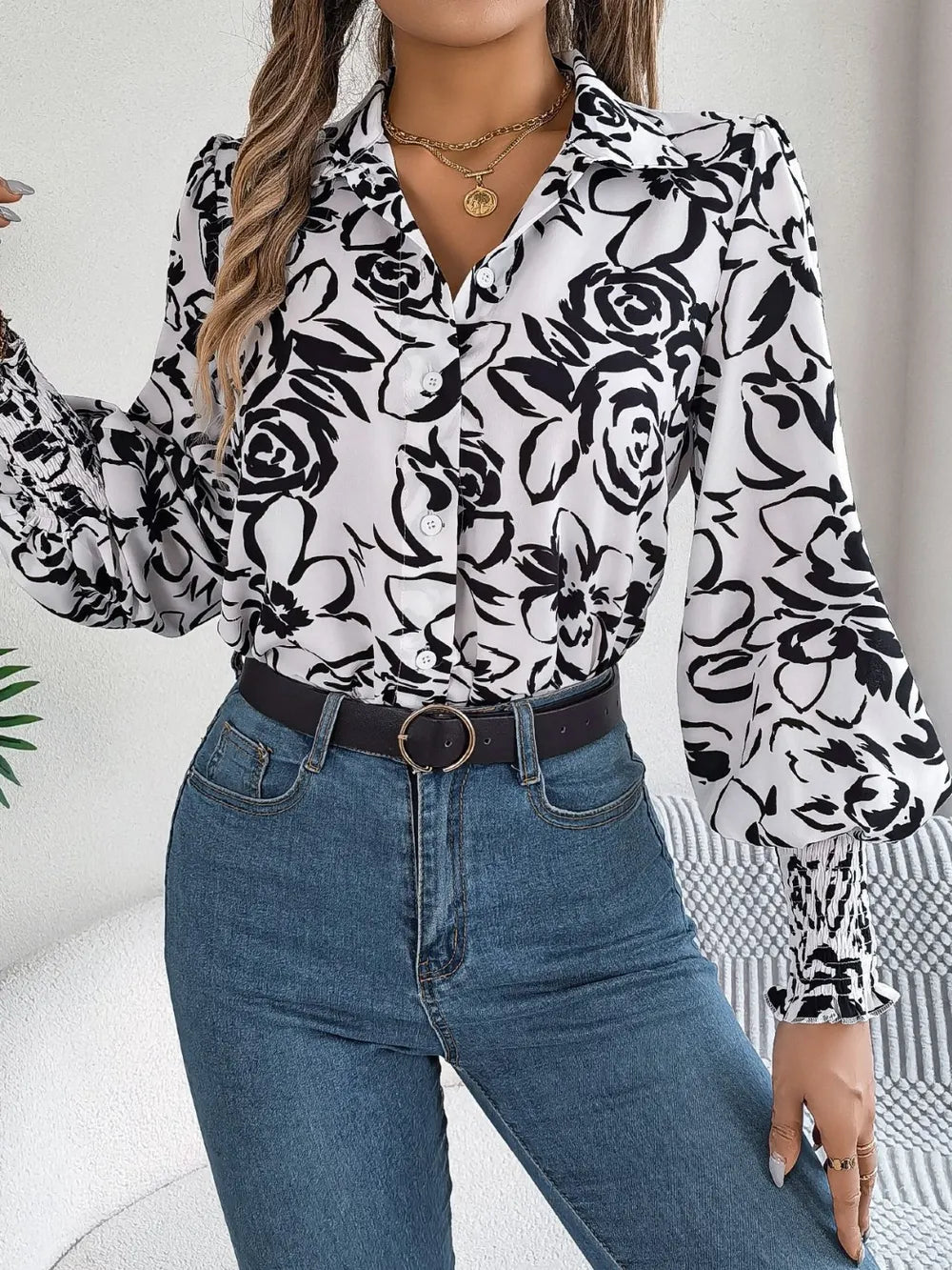 Printed Collared Neck Lantern Sleeve Shirt (12)