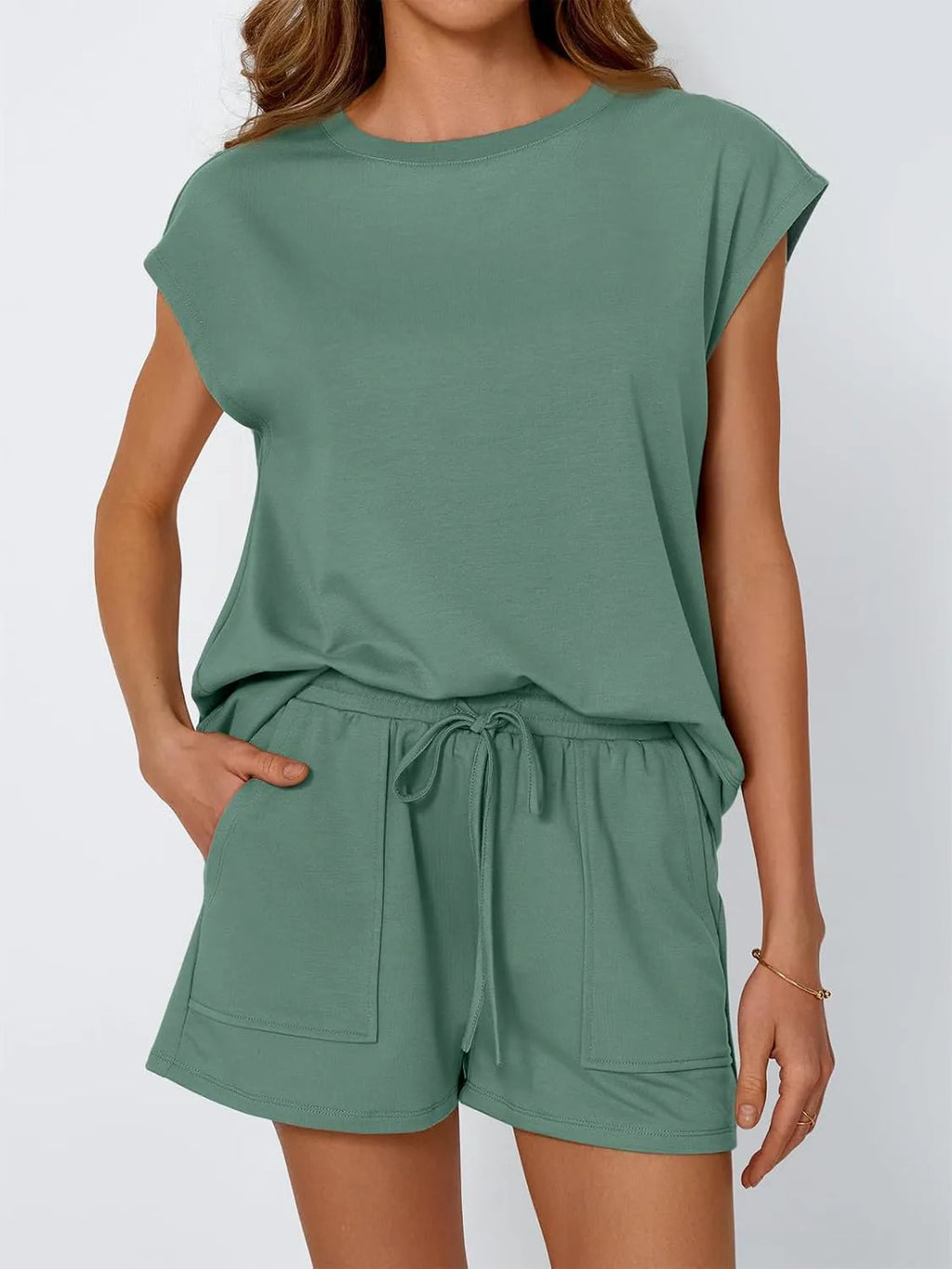 Round Neck Cap Sleeve Top Shorts Set
