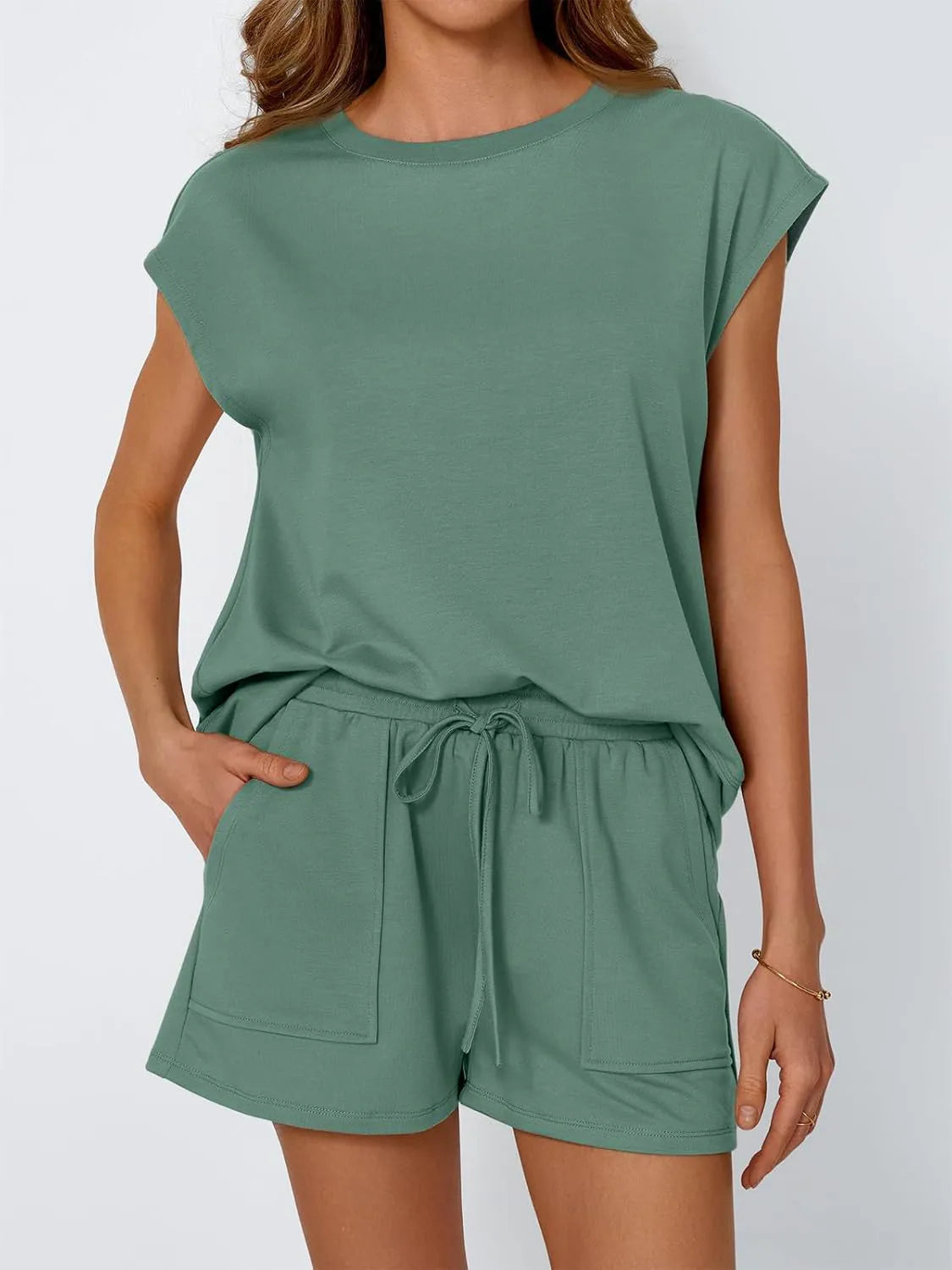 Round Neck Cap Sleeve Top Shorts Set