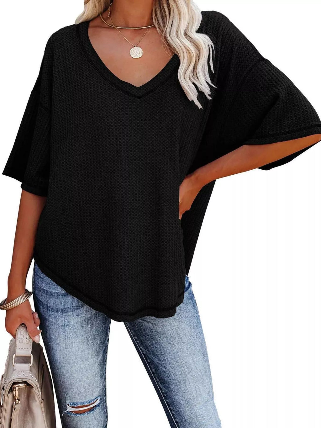 Waffle Knit V-neck Short Sleeve T-shirt (3)