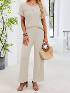 Lace Detail Short Sleeve Top Pants Set (10)