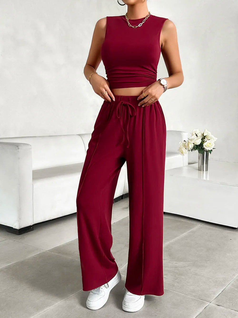 Mock Neck Sleeveless Top Drawstring Pants Set (6)