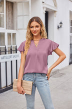 Notched Neck Flutter Sleeve Satin Top (19)