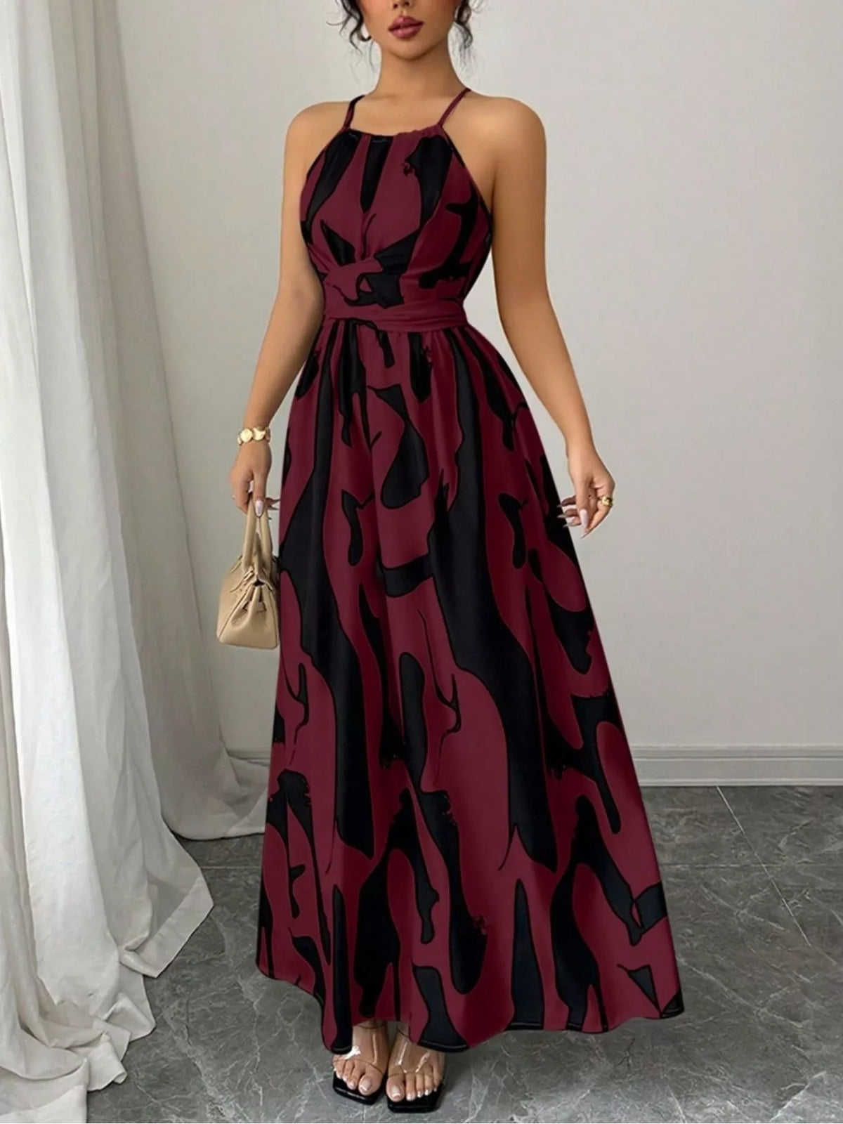 Abstract Print Halter Neck Maxi Dress (7)
