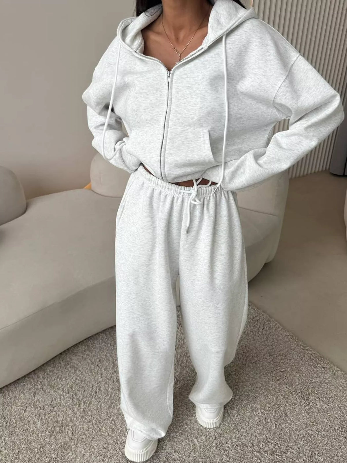 Zip-up Hoodie Wide-leg Pants Set (25)