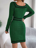 Contrast Trim Long Sleeve Sweater Dress (8)