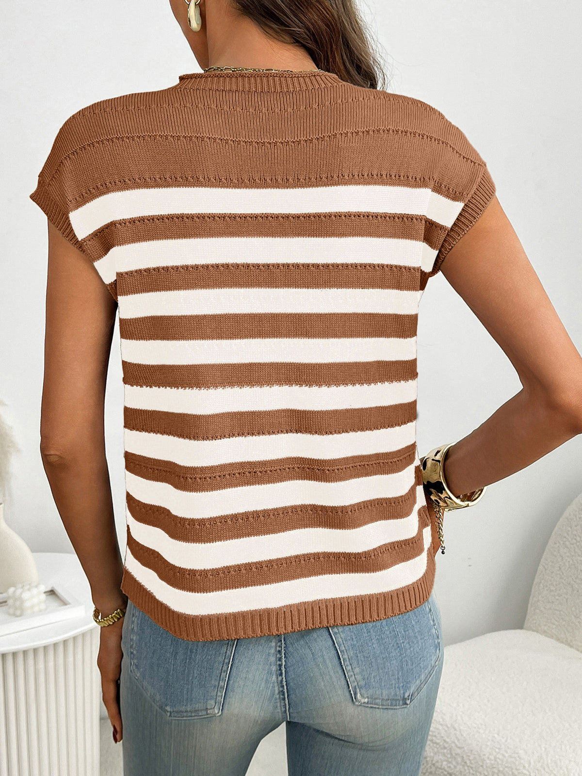 Striped Knit Pocket Detail Cap Sleeve Sweater (15)