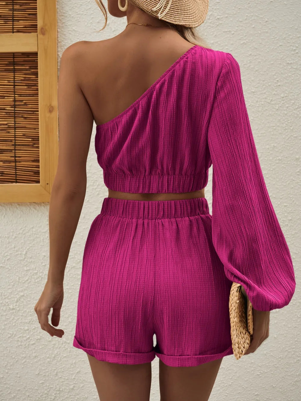 One Shoulder Long Sleeve Top Shorts Set (14)