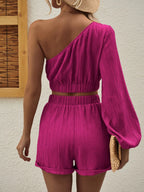 One Shoulder Long Sleeve Top Shorts Set (14)