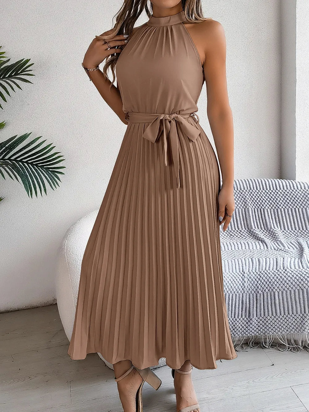 Grecian Neck Tie Waist Pleated Dress (17)