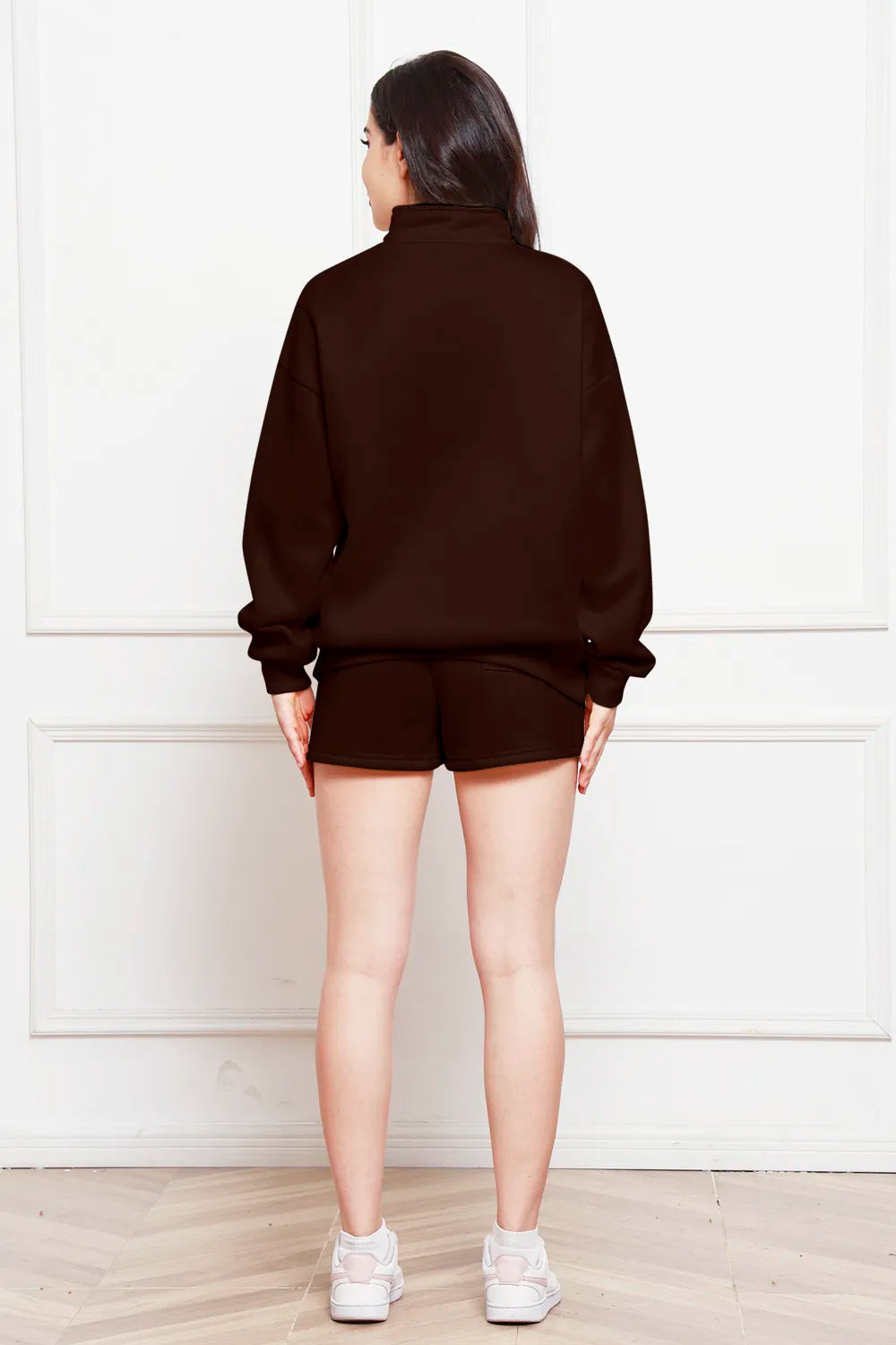 Half Zip Long Sleeve Sweatshirt Drawstring Shorts Set (9)