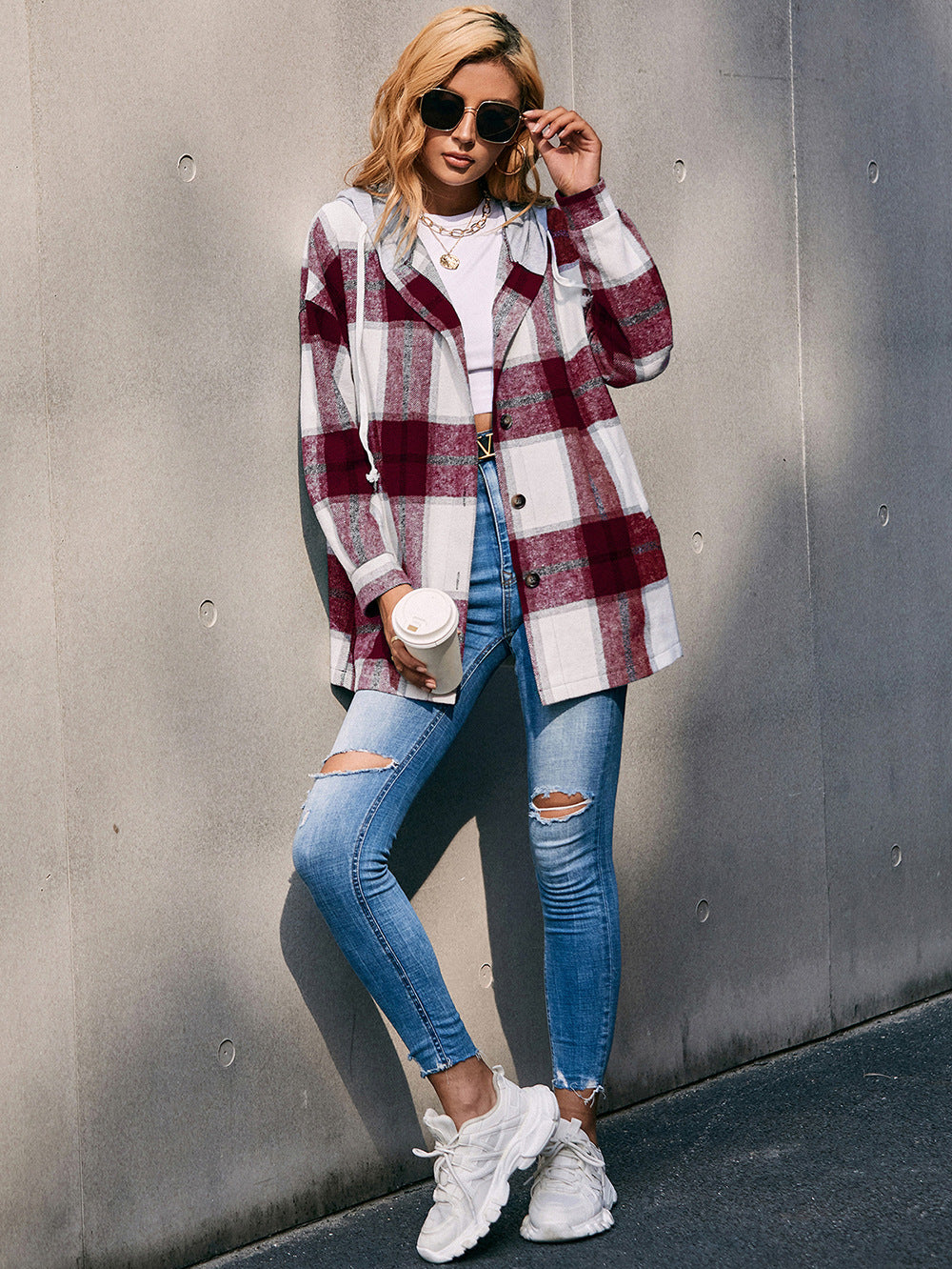 Plaid Dropped Shoulder Hooded Jacket (8)