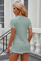 Eyelet Slit Round Neck Short Sleeve T-shirt (24)