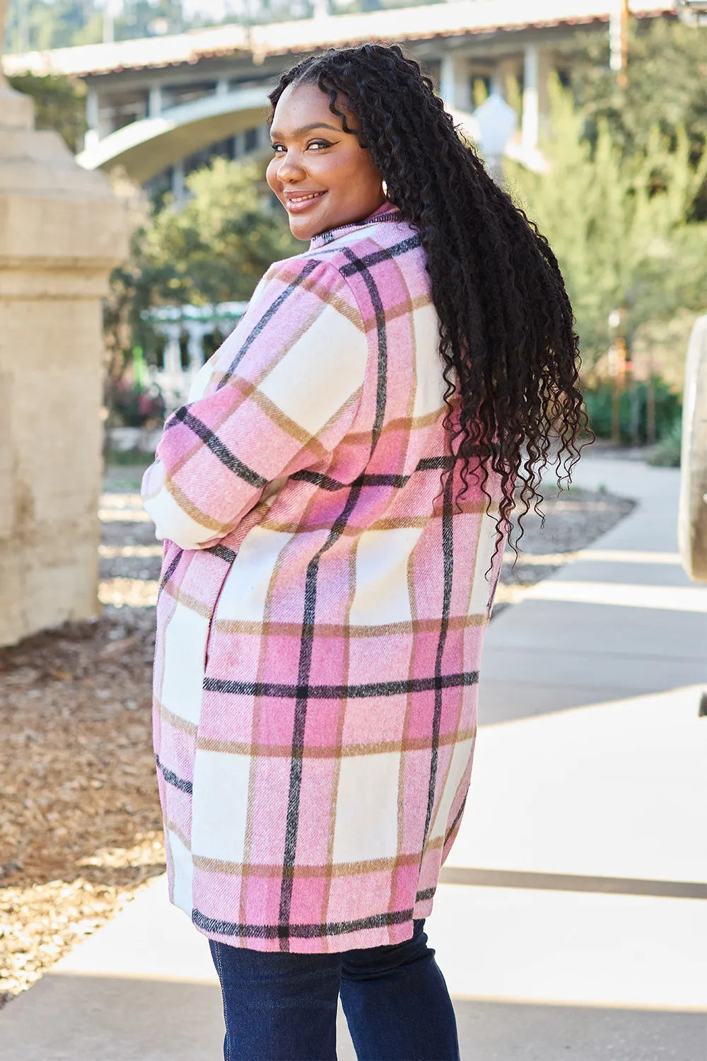 Full Size Plaid Button Up Lapel Collar Coat (5)
