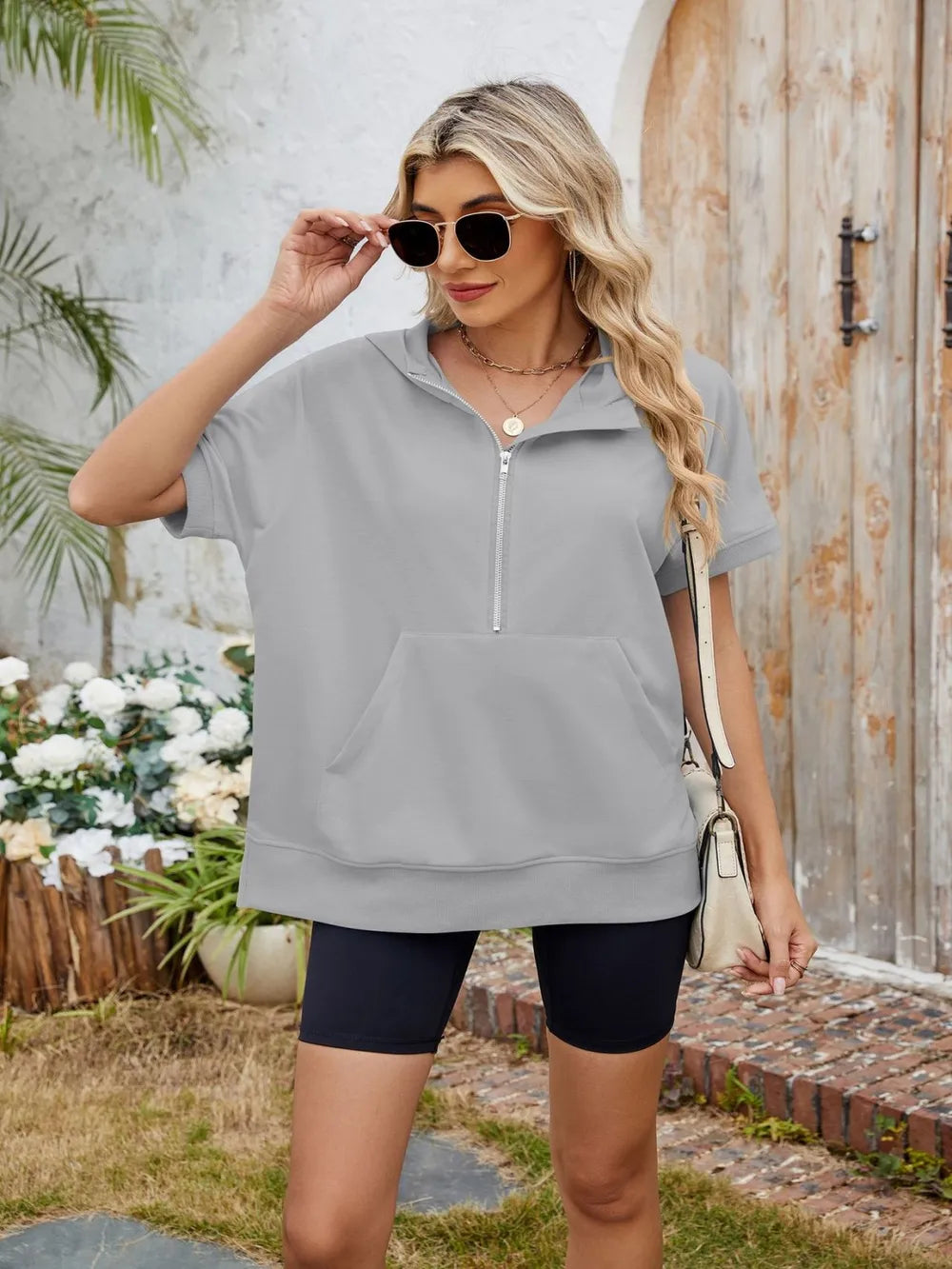 Half Zip Short Sleeve Hooded Top (15)