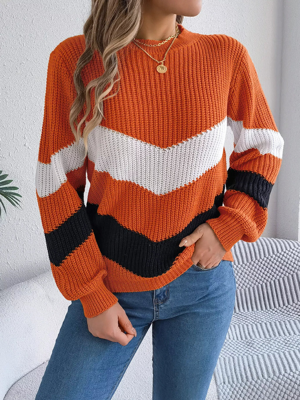 Chevron Stripe Block Round Neck Sweater (7)
