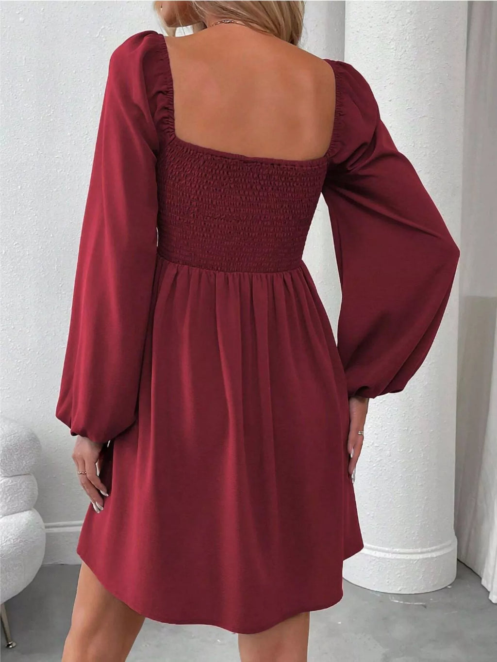 Ruched Square Neck Long Sleeve A-line Dress (6)