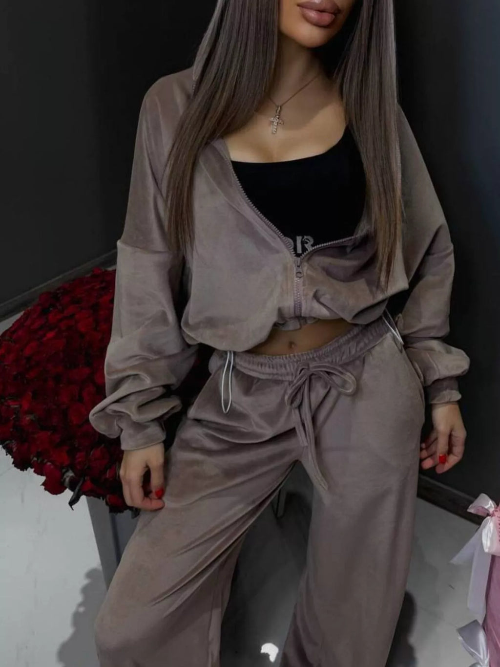 Zip Up Cropped Outerwear Pants Set (27)