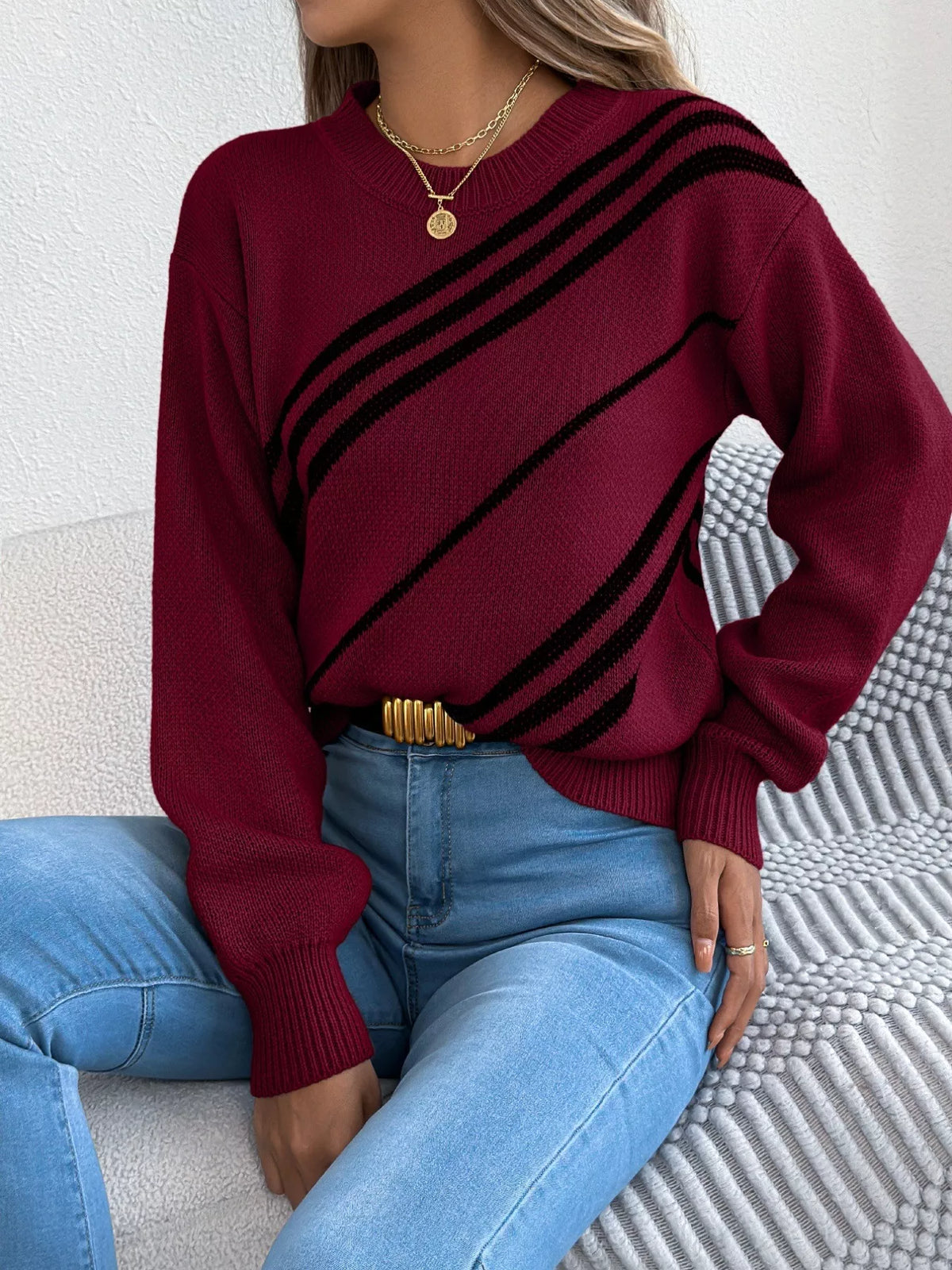 Striped Pattern Casual Round Neck Sweater (9)