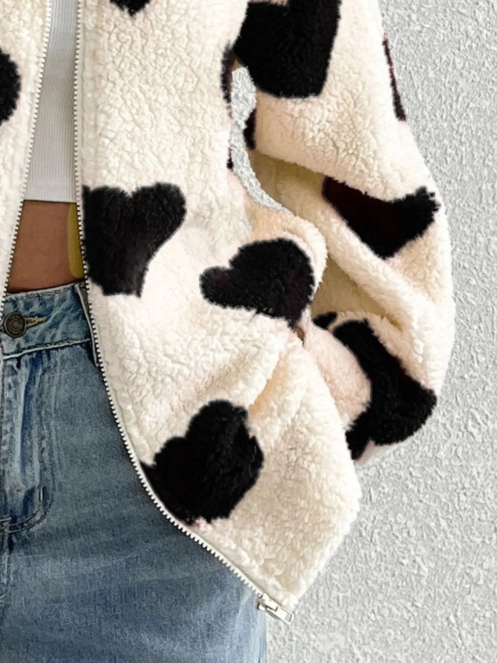 Heart Zip Up Drop Shoulder Furry Jacket (11)