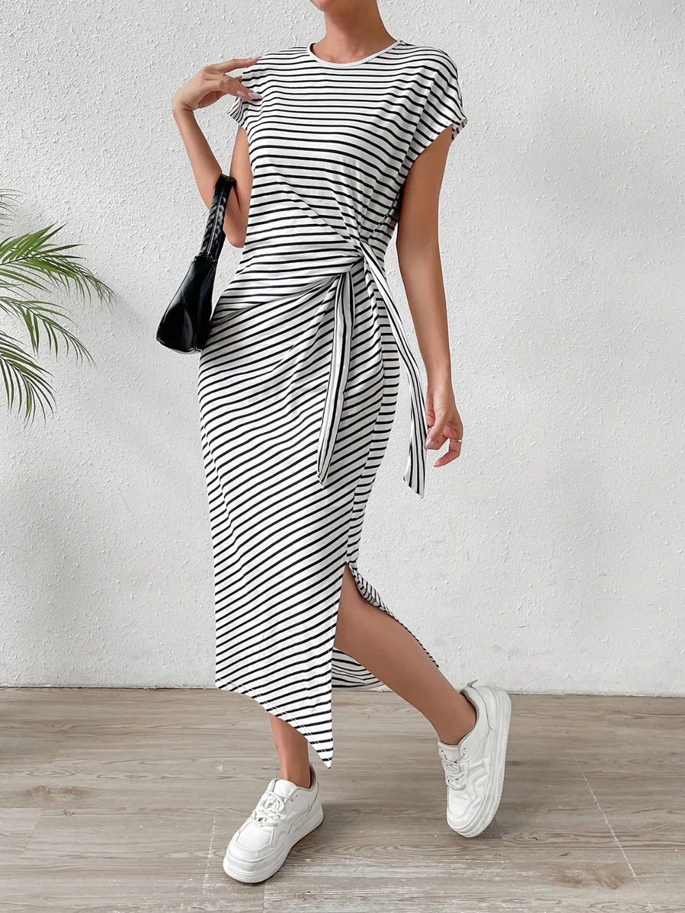 Tied Striped Round Neck Short Sleeve Tee Dress (11)