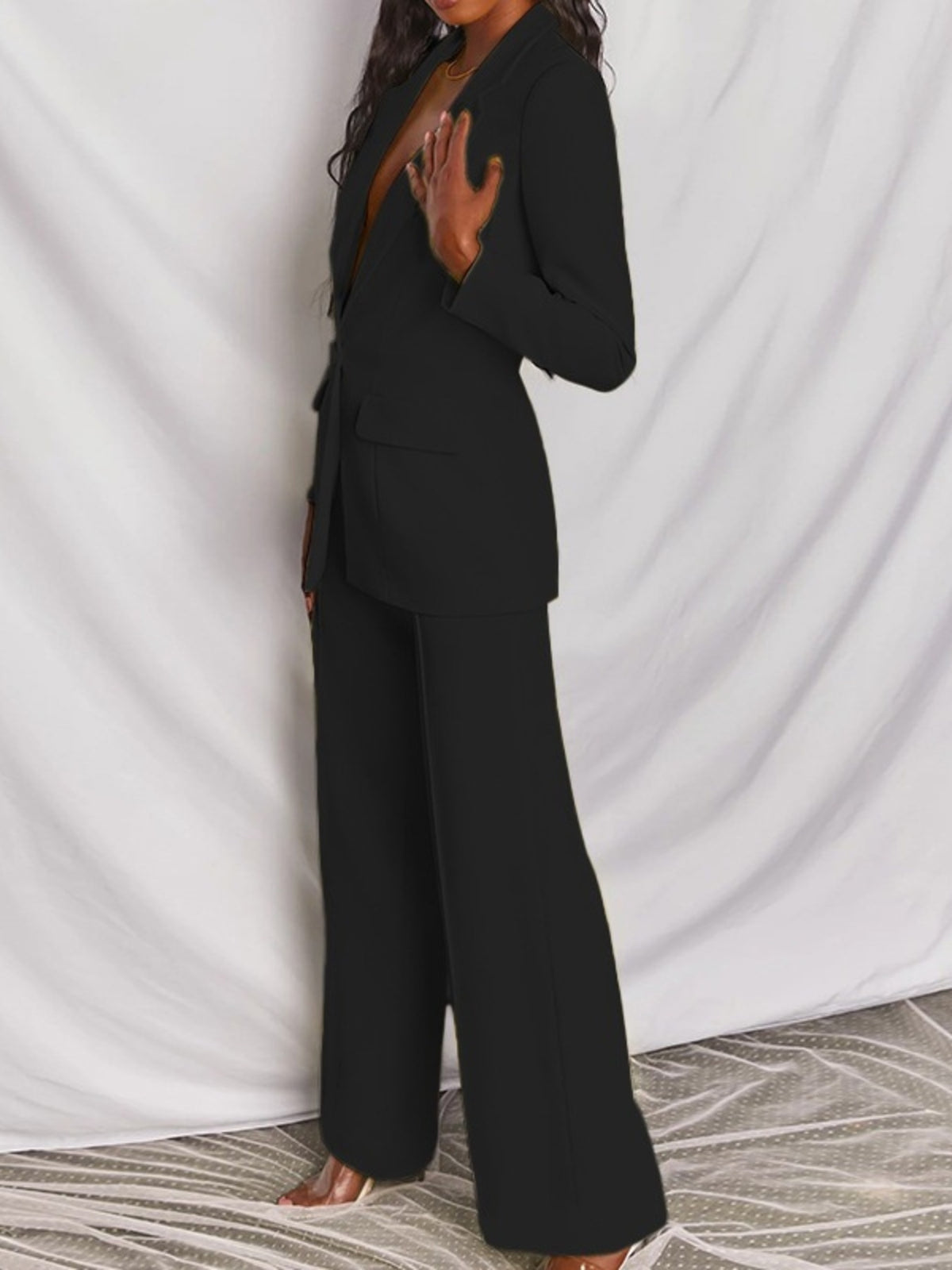 Full Size One Button Blazer Wide-leg Pants Set Plus (6)