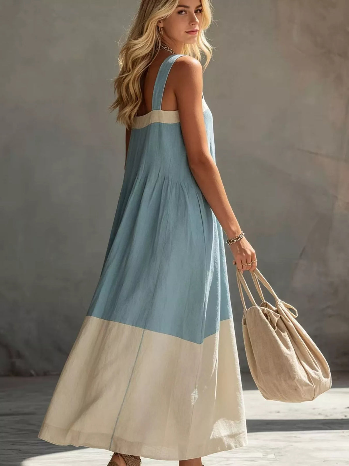 Color-block Sleeveless Linen-blend Midi Dress (2)