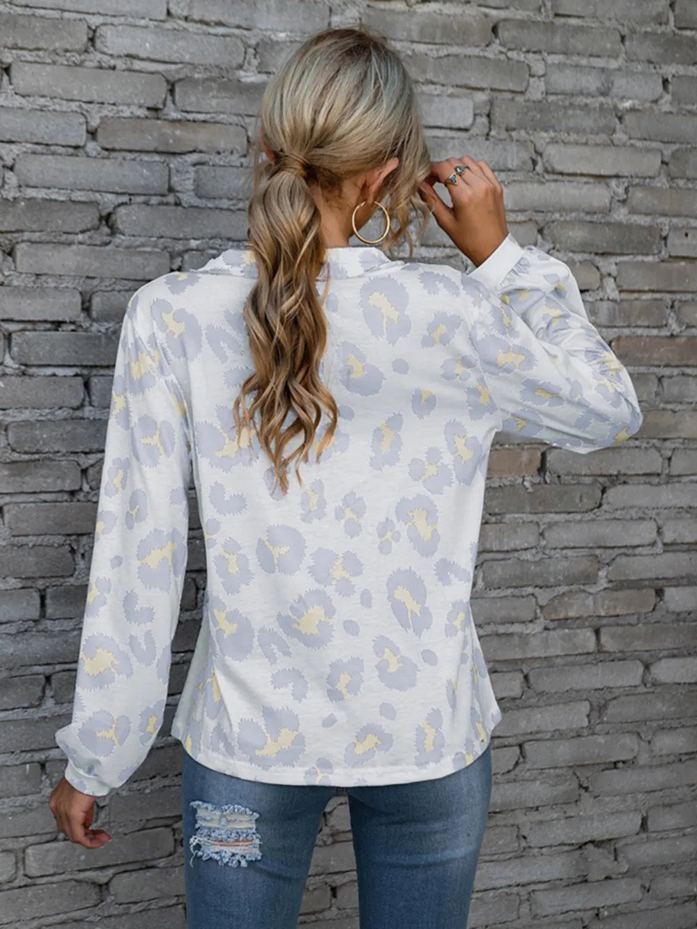 Leopard V-neck Decorative Button Long Sleeve Blouse (13)