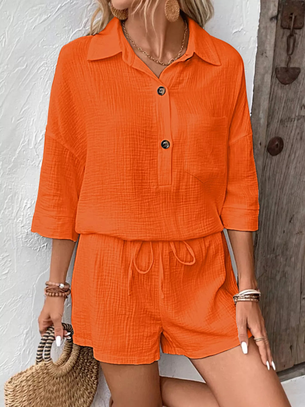Button Detail Top Shorts Set (19)