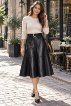 Belted Faux Leather Skirt styled on a model