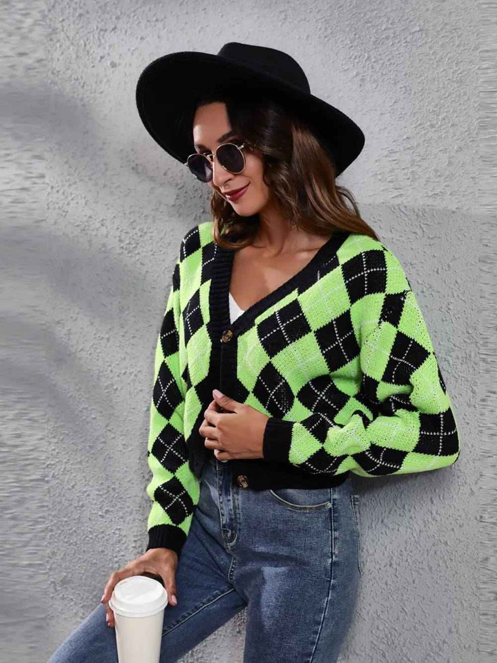 Geometric Button Up Long Sleeve Cardigan (3)