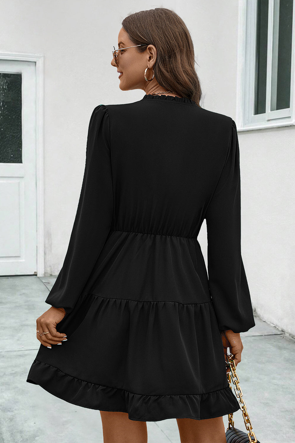 V-neck Tie Neck Long Sleeve Dress (11)