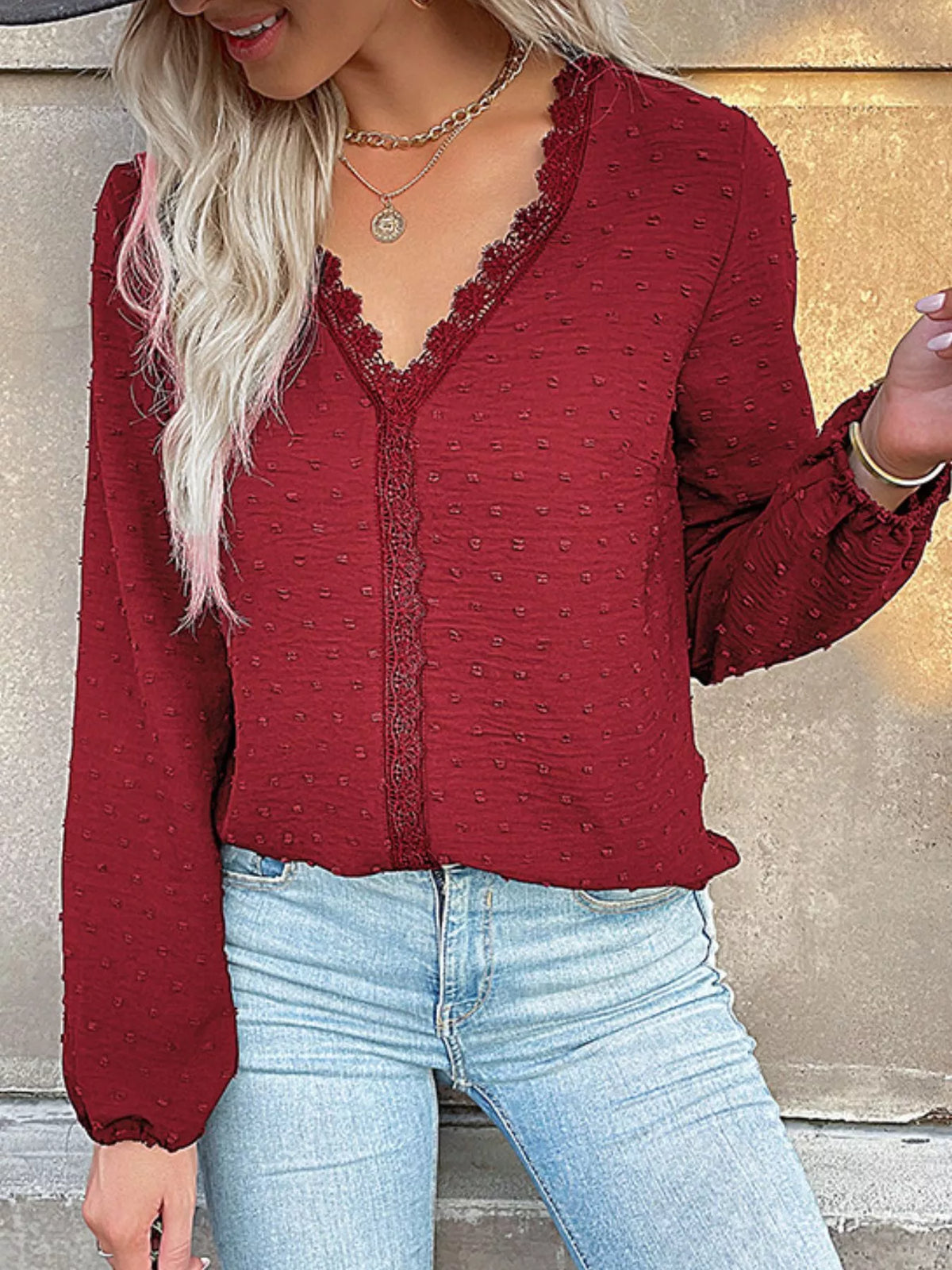 Lace Detail V-neck Long Sleeve Blouse (10)