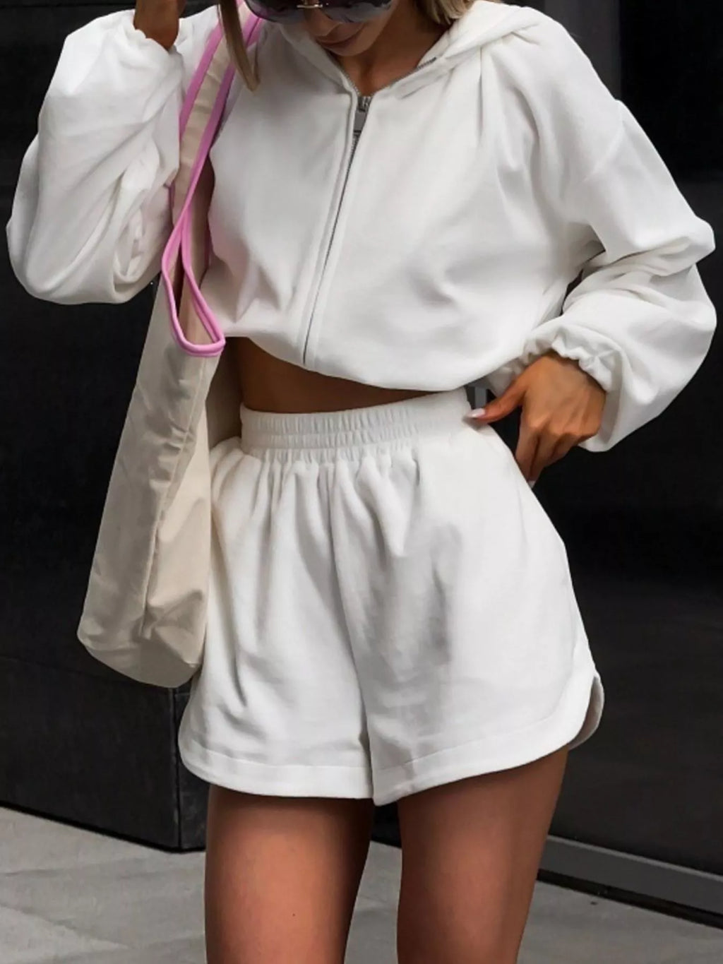 Zip Up Crop Hoodie Shorts Set (19)