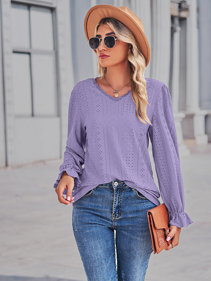 Eyelet V-neck Flounce Sleeve Blouse (11)