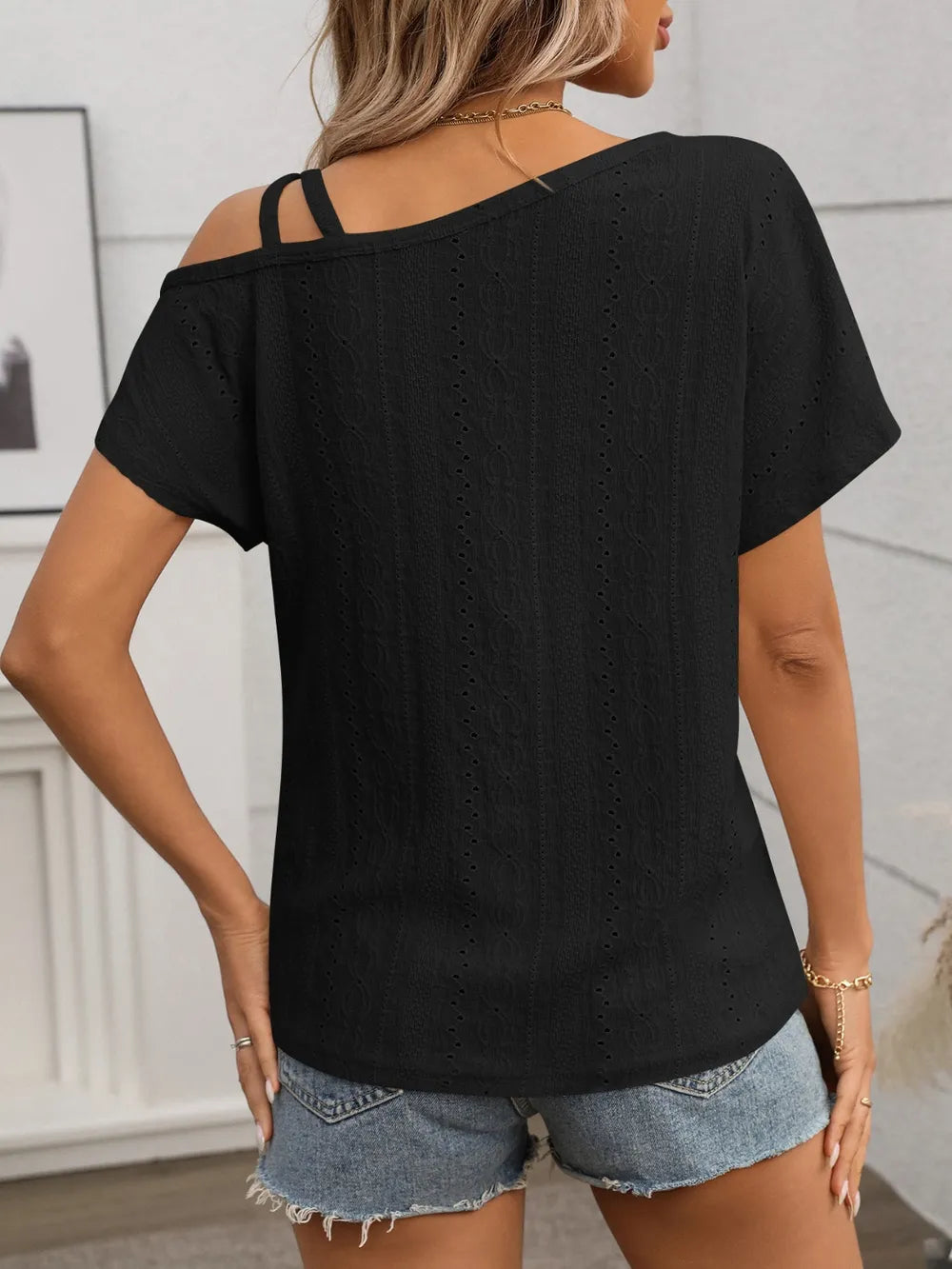Eyelet Asymmetrical Shoulder Short Sleeve T-shirt (14)
