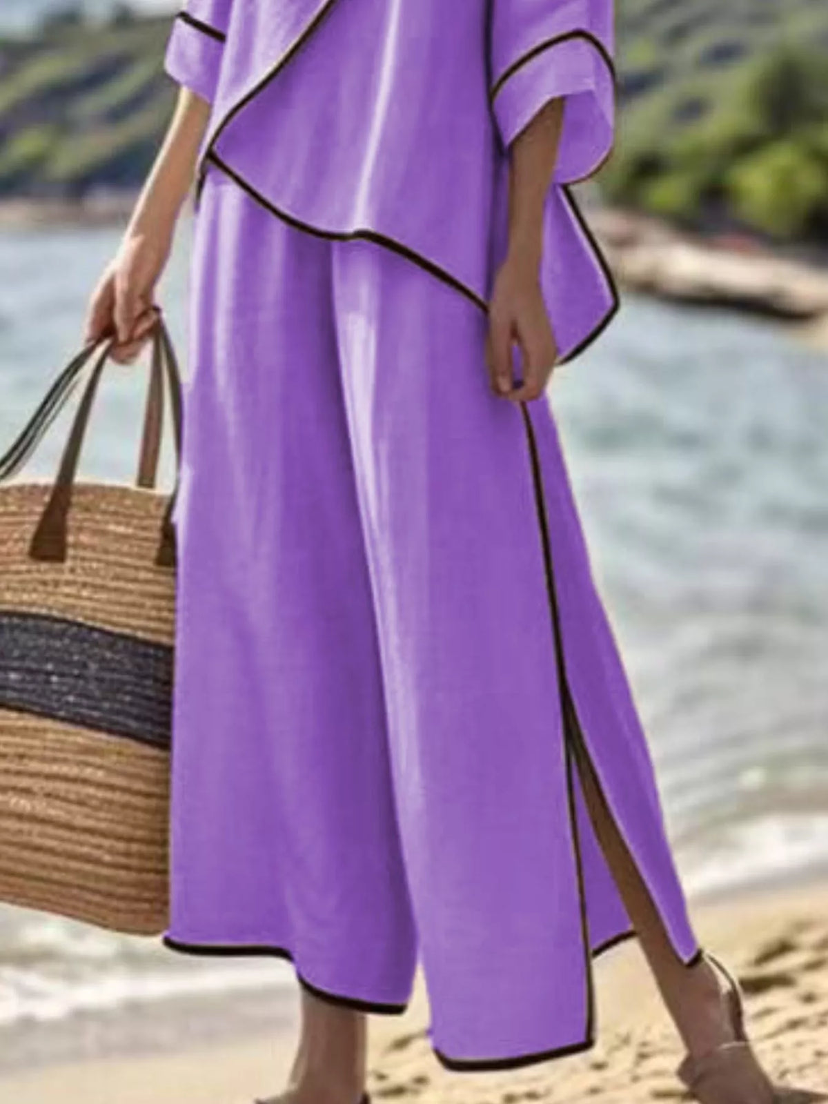 Full Size Contrast Trim Top Wide Leg Pants Set Plus (12)
