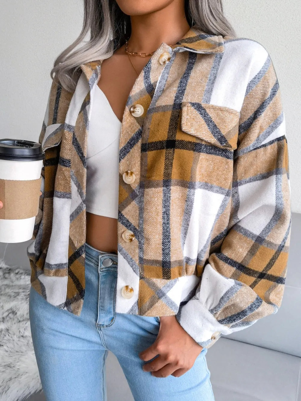 Plaid Collared Neck Long Sleeve Jacket (9)