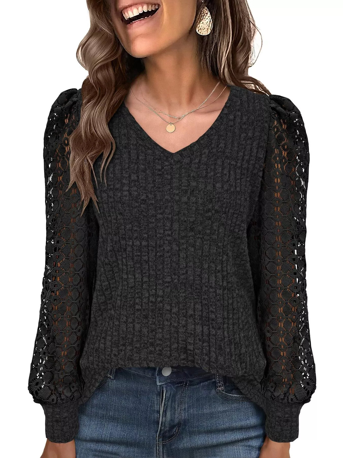 Lace Sleeve V-neck T-shirt (15)