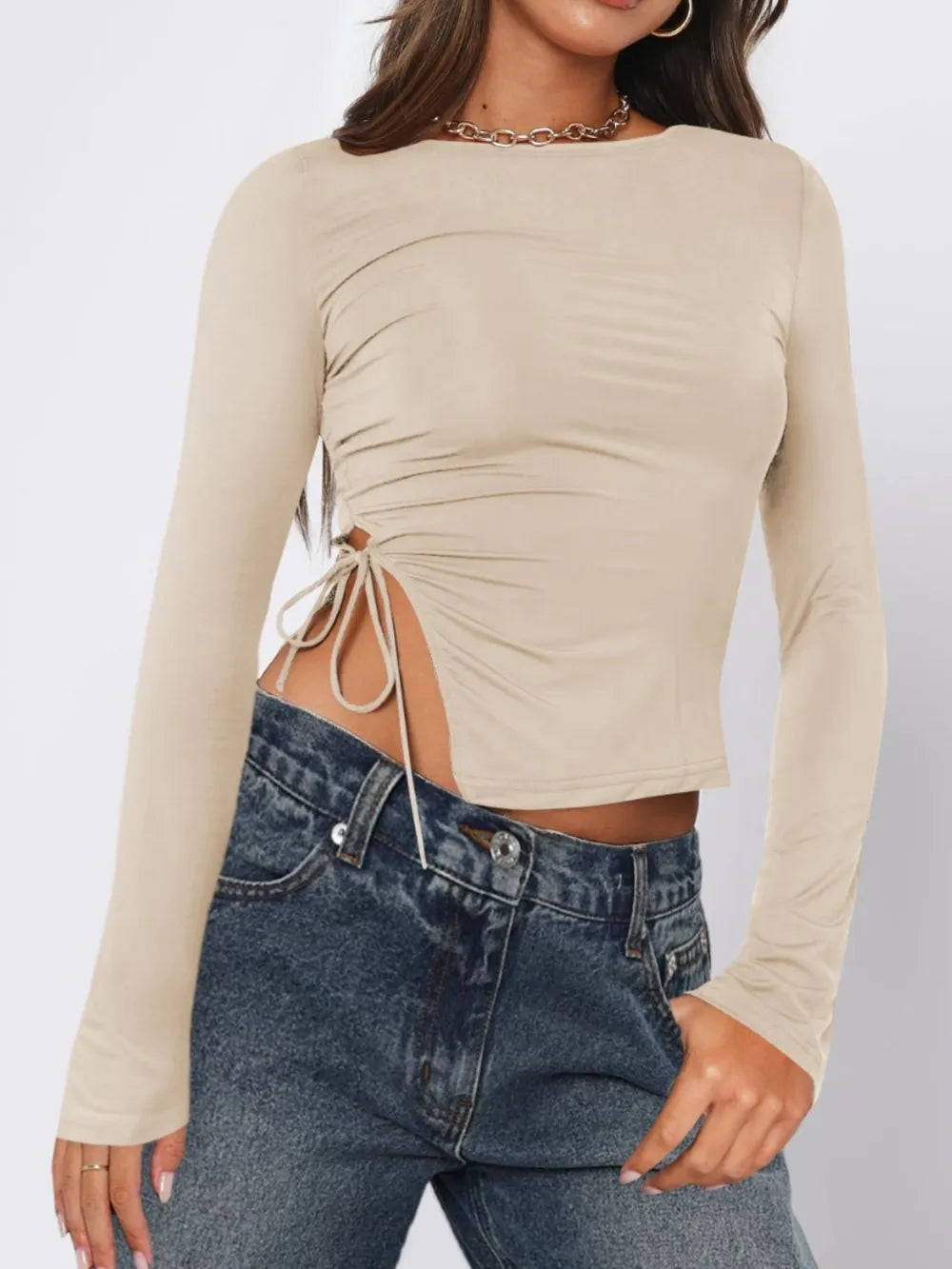 Tied Slit Round Neck Long Sleeve T-shirt