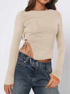 Tied Slit Round Neck Long Sleeve T-shirt