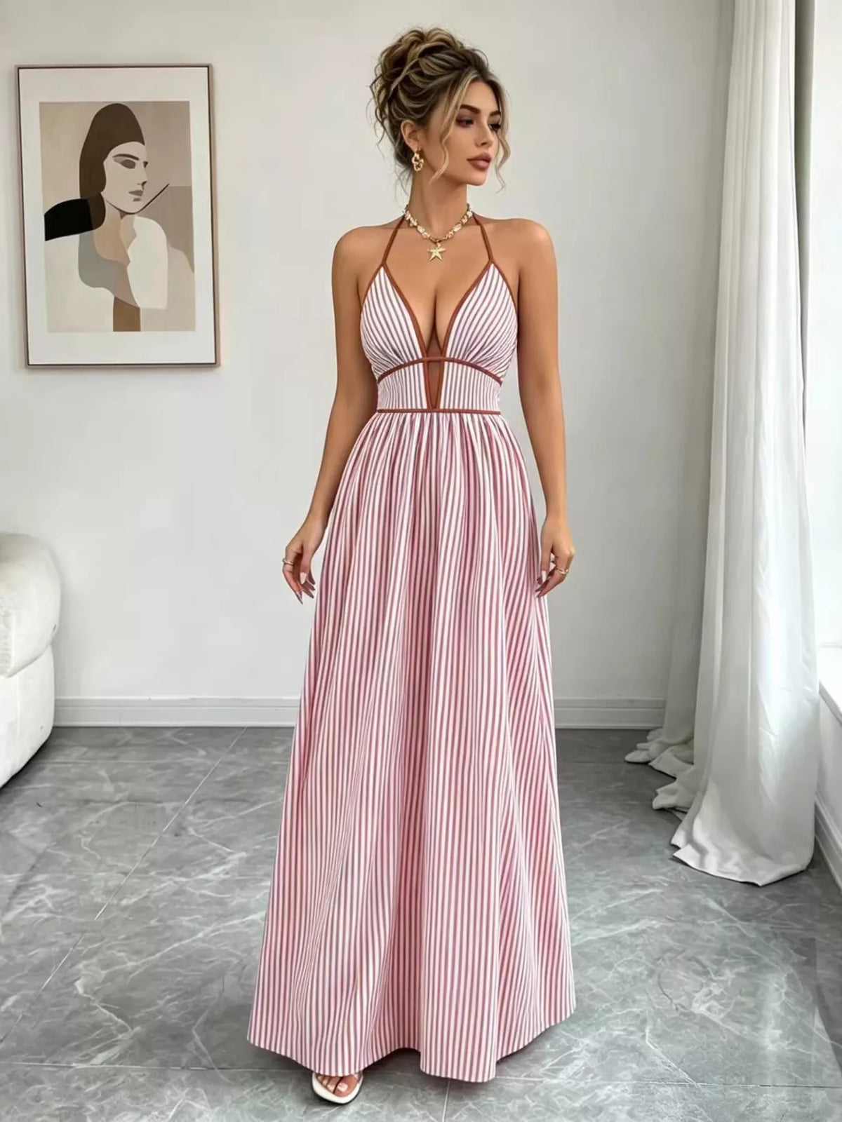 Striped Halter Neck Maxi Dress (11)
