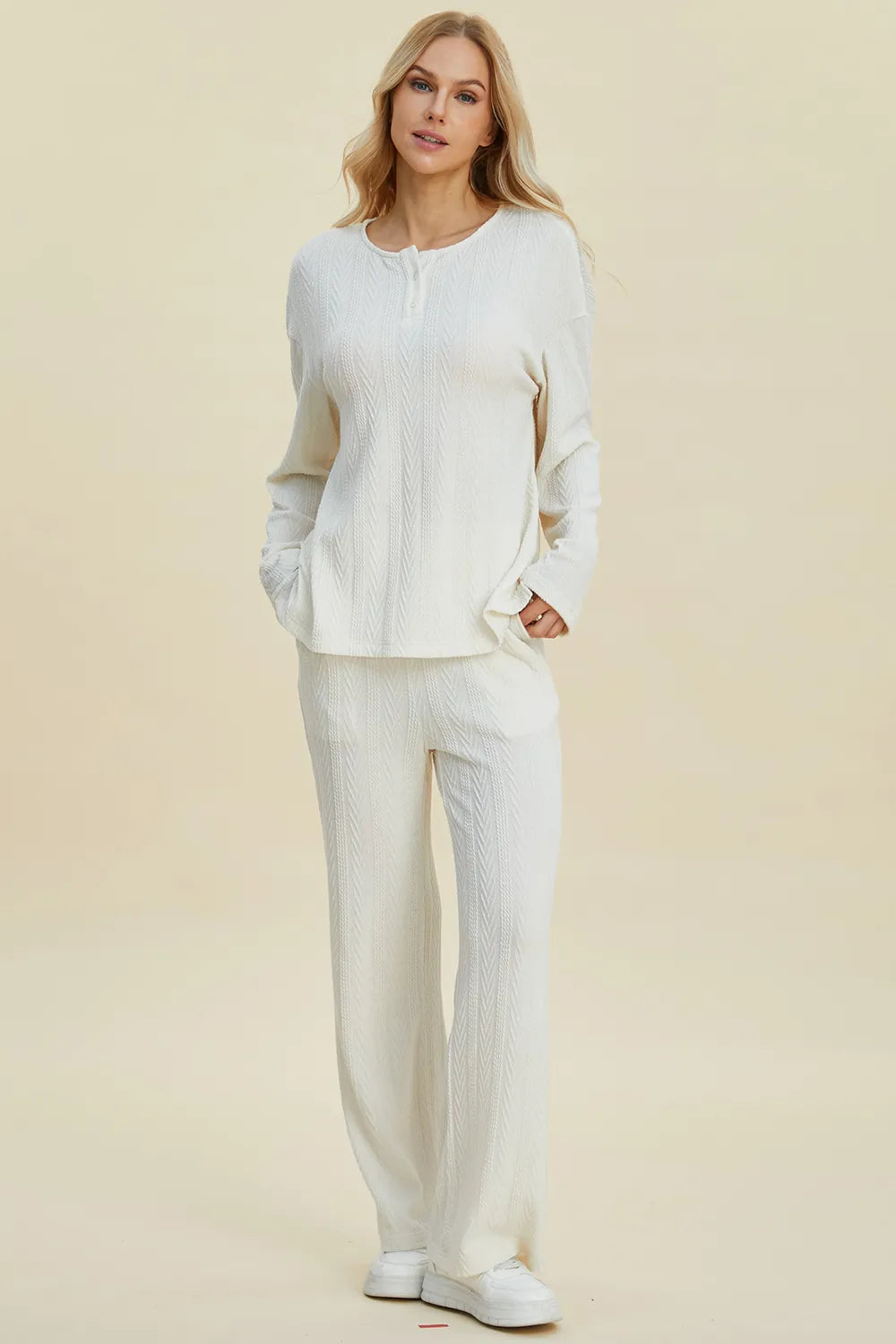 Full Size Cable-knit Long Sleeve Top Pants Set (8)